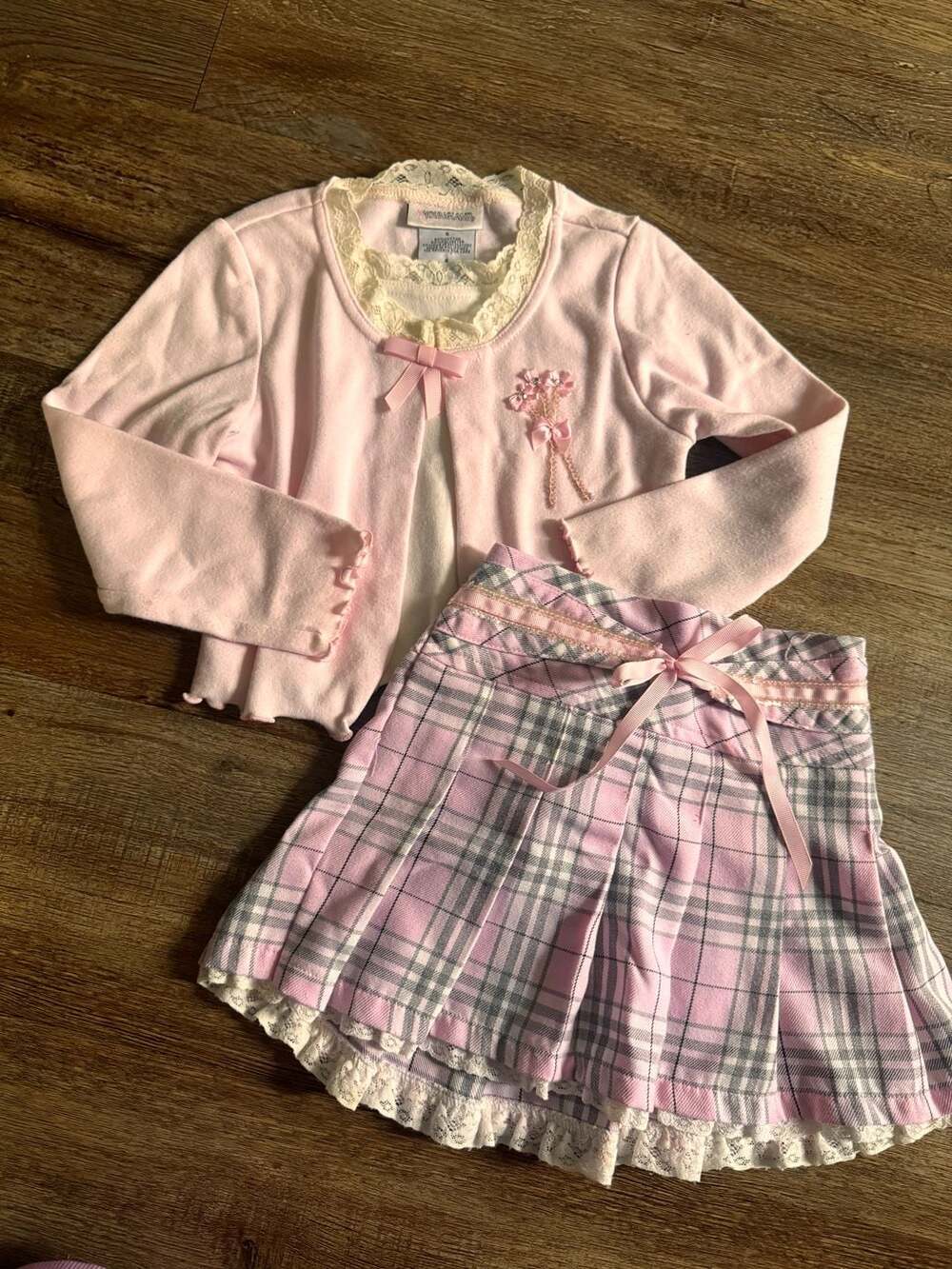 Y2K Young Island Pink Cardigan & Plaid Skirt Set Size 6